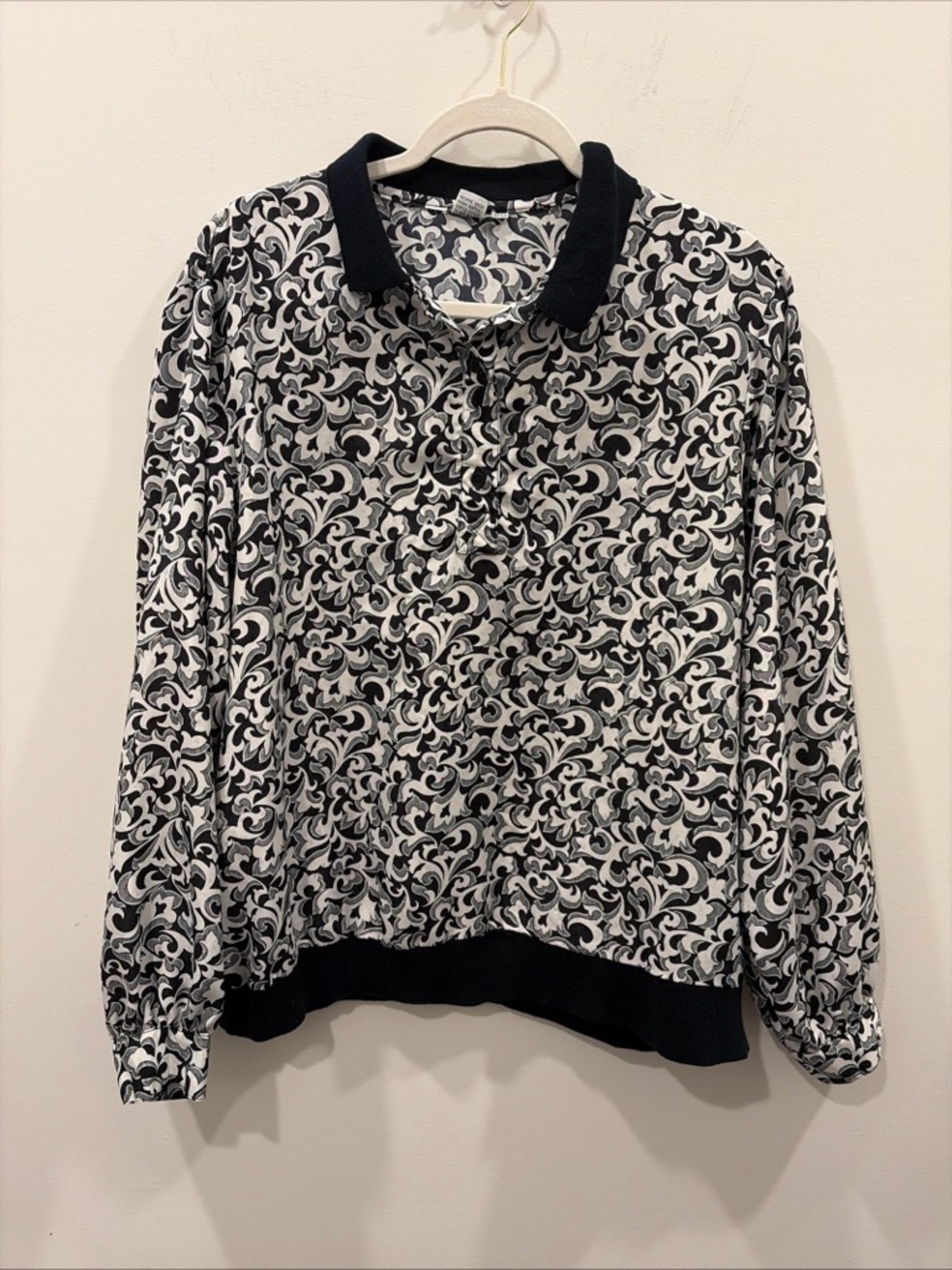 Vintage Black & White Long Sleeve Polo with Swirl Pattern